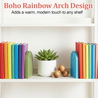 4Pcs Boho Arch Wooden Rainbow Bookends Cute Book Ends for Shelves Non Skid Wood Bookends Desert Pastels Book Holder Stand Stoppers for Home Office Back to School Library Kitchen Heavy Books