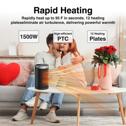Space Heater, WINHL Small Portable Electric Heaters for Indoor Use with Thermostat and Remote, 70°Oscillation, 12H Timer, 5 Modes, 1500W PTC Ceramic Fast Safety Heat for Office Bedroom Home