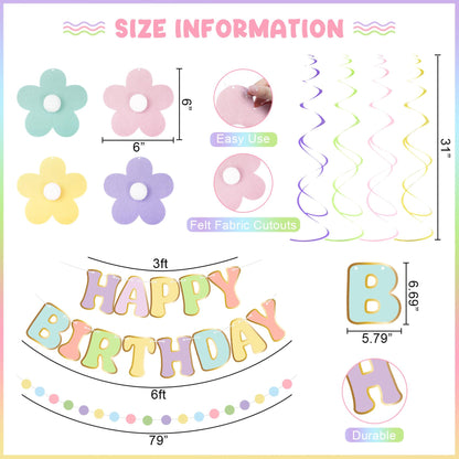 Amandir Pastel Birthday Decorations for Girls Women, Happy Birthday Banner with Honeycomb Balls, Daisy Flowers Hanging Swirls, Circle Dots Garland, Pastel Spring Easter Party Decorations Supplies