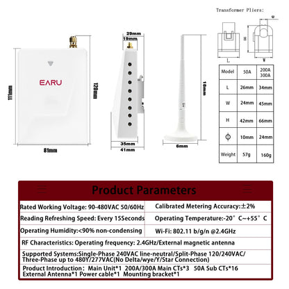 Smart Home Energy Monitor with 16 50A and 3-200A Circuit Level Sensors Real-Time Accurate Power Energy Consumption Tracking WiFi Meter SolarNet Metering2.4 GHz WiFi