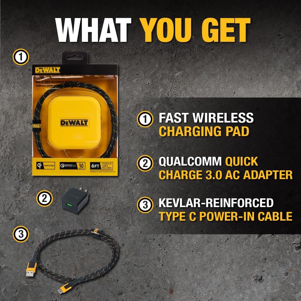 DEWALT Heavy Duty Wireless Charger, 10W Max Fast Wireless Charging Pad Compatible with iPhone 16/15/14/13/12/11/X/8 Pro Max Plus, Samsung Galaxy S22/S21, AirPods (Type C Cable & AC Adapter Included)