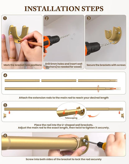 Heavy Duty Closet Rod, 17-28 IN Closet Rods for Hanging Clothes, Gold | Stepless Adjustable, Supports up to 66 lbs, Multiple Size Options, Easy Installation, Multi Purpose , Wall-Mounted