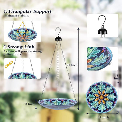 MUMTOP Hanging Bird Bath - Bird Baths for Outdoors, 11 Inch Glass Bird Bath Bowl Outdoor Bird Feeders for Garden Yard and Patio Decor