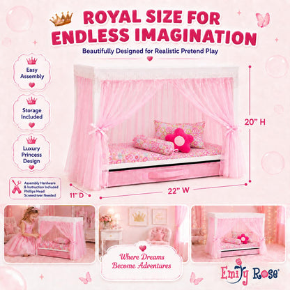 Emily Rose 18" Doll Princess Canopy Bed - White Wood with Pink Tulle Curtains, 5-PC Bedding Set & Storage Drawer - Fits American Girl Dolls - Royal Bedroom Furniture