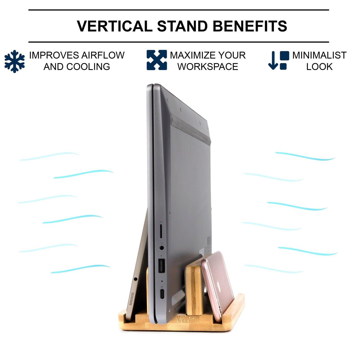 S&A WOODCRAFT 3 Slots Bamboo Wood Vertical Laptop Stand, Adjustable Wooden Laptop Holder, Non-Slip Laptop Dock Compatible with Apple MacBook, Microsoft Surface, Gaming Laptops, IPad, Tablets