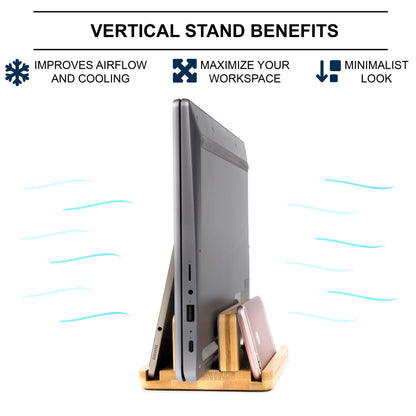 S&A WOODCRAFT 3 Slots Bamboo Wood Vertical Laptop Stand, Adjustable Wooden Laptop Holder, Non-Slip Laptop Dock Compatible with Apple MacBook, Microsoft Surface, Gaming Laptops, IPad, Tablets