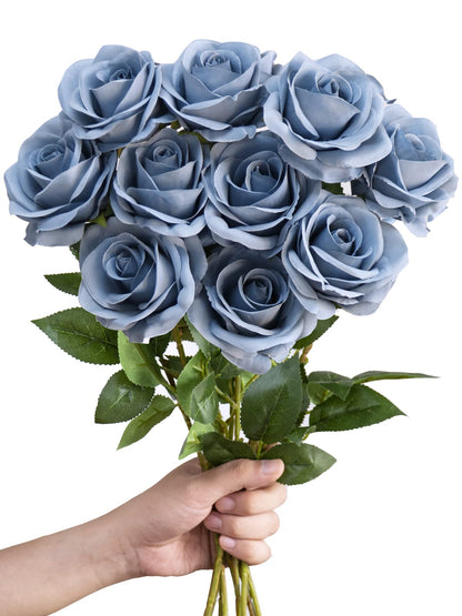 LFF 10Pcs Dusty Blue Roses Artificial Flowers, Faux Silk Roses with 21.2" Long Stems & 2.36" Large Blooms, Lifelike Fake Roses for DIY Wedding Bouquet Home Party Vase Filler Table Centerpiece Decor
