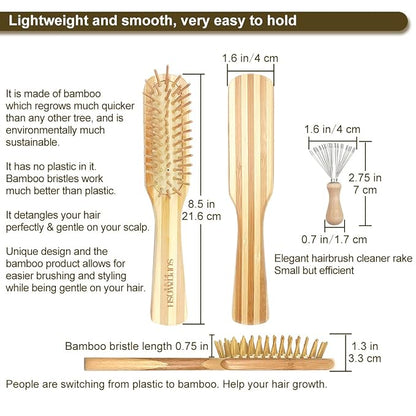 Hair Brush Set for Women & Men, Natural Bamboo Bristles Wet Dry Flat Paddle Detangling Bamboo Brushes Fit All Types Hair, Brush Cleaner Tool included - 3 Pack