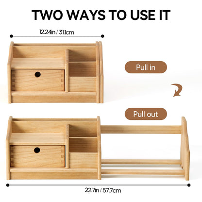 KIRIGEN Desktop Bookshelf Organizer with Drawer, Expandable Wood Desk Shelf, Fully Assembled Book Rack for Office Supplies, Files and Notebooks, Brown, 12.24 to 22.7 in Adjustable Width, SSSJ-S-NA