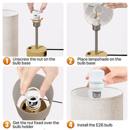 KPQ Small Bedside Lamp Touch Control Table Lamp with USB A+C Charging Ports & AC Outlet 3-Way Dimmable Nightstand Lamp with Linen Fabric Shade for Bedroom Living Room