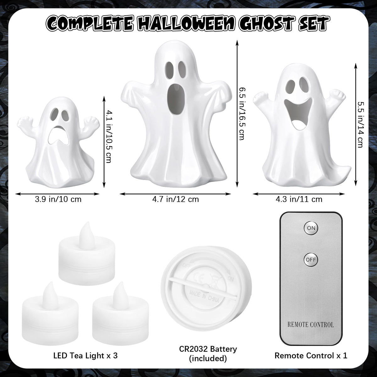 Aneco Ceramic Ghost Light Up Decor Halloween Ghost Decor 3 Ceramic Ghosts Figurines with Remote Control, 3 Tea Lights Spooky Ghosts Sculpture for Halloween Home Table Decorations