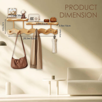 Wall-Mounted Coat Rack with Shelf, Wooden Coat Hanger with 6 Sturdy Hooks, Drill-Mounted Design for Hanging Clothes, Hats, Towels, Bags, and Robes (Natural Color)