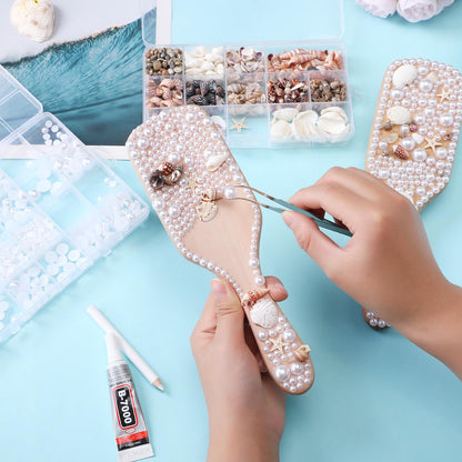 Potchen 6 Set Mermaid Hairbrush Kit DIY Creative Seashell Hairbrush with Mix Flatback Rhinestones Half Pearls Small Scallop Shell Decorate Your Own Hair Brush for Girls Women Bride Mermaid Party Favor