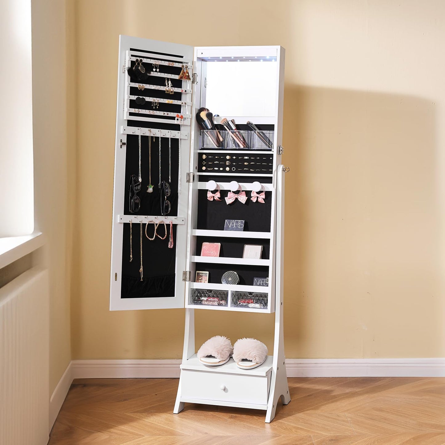 VEVOR Jewelry Cabinet Armoire, 62-Inch Tall Lockable Jewelry Organizer with Full-Length Mirror, LED Light, Velvet Lining, Drawer, Freestanding, White