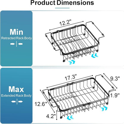 iSPECLE Dish Drying Rack Over the Sink, Expandable Dish Drainer for Small Kitchen, Apartment, RV, Dish Strainer with Utensil Holder and Twist-Lock, Space Saving, Black