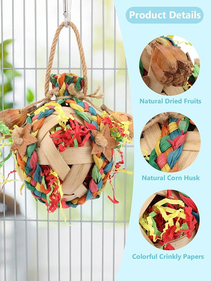 Wontee Bird Toys Colorful Shredding Crinkles Foraging Toys Natural Dried Fruits Chew for Cockatiels Conures Parakeets Budgies Senegal (2 Packs)