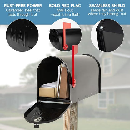 BlissBoard Black Metal Mailbox, Galvanized Steel Outside Mailboxes, Standard Medium Capacity, 20 x 8.7 x 6.7 Inches