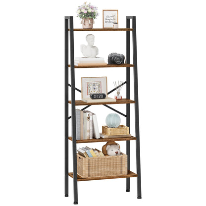 Hoctieon Industrial Ladder Bookshelf, Multifunctional Ladder Shelf, 5-Tier Tall Bookshelf, Open Ladder Shelf Bookcase, for Living Room, Home Office, Kitchen, Bedroom, Metal Frame, Rustic Brown