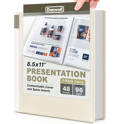 Dunwell Presentation Binder 48-Pocket, Displays 96 Pages, 8.5x11 Portfolio Binder with Plastic Sleeves, Storage and Organizer for Documents, Photos, Kids Artwork, Projects, Recipes (Ivory)