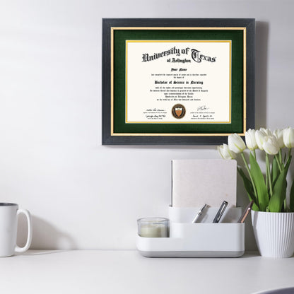 GMFrames 8.5x11 Wood Diploma Frame with Green Mat or Display 11x14 Certificates without Mat,Tempered Glass,Rustic Black Finish with Gold Trim
