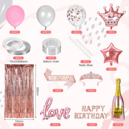 Ckhoid 60PCS Birthday Party Decoration Rose Gold Party Backdrop with Happy Birthday Banner Pink Fringe Curtain Foil & Confetti Crown Wine Bottle Lipstick Birthday Balloons for Women Birthday Party