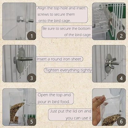 IBWell No Mess Automatic Bird Feeder for Cage - Parrot Feeder Inside Cage With Clear Perch and Acrylic Seed Food Container