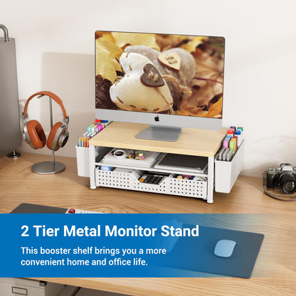 Gugsey Wood Metal Monitor Stand Riser, Laptop Stand for Desk, Office Desk Organizer and Accessories, Computer Desktop Shelf with Drawer and Pen Holder, Printer Stand for Home, Office, Dorm (Natural Wood)