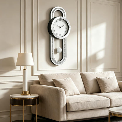 SHYFOY Decorative Wall Clock 31.5" Mirrored Pendulum Clock Silent Quality Quartz Luxury Large Wall Clocks with Crushed Diamond and Silver Glass for Living Room Home Decor & Gift