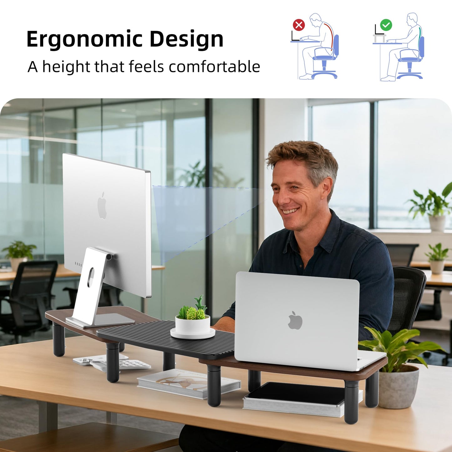AFOOYO Dual Monitor Stand For Desk,Adjustable Height Long Wood Computer Riser For Computer,Laptop,Printer,TV,Walnut