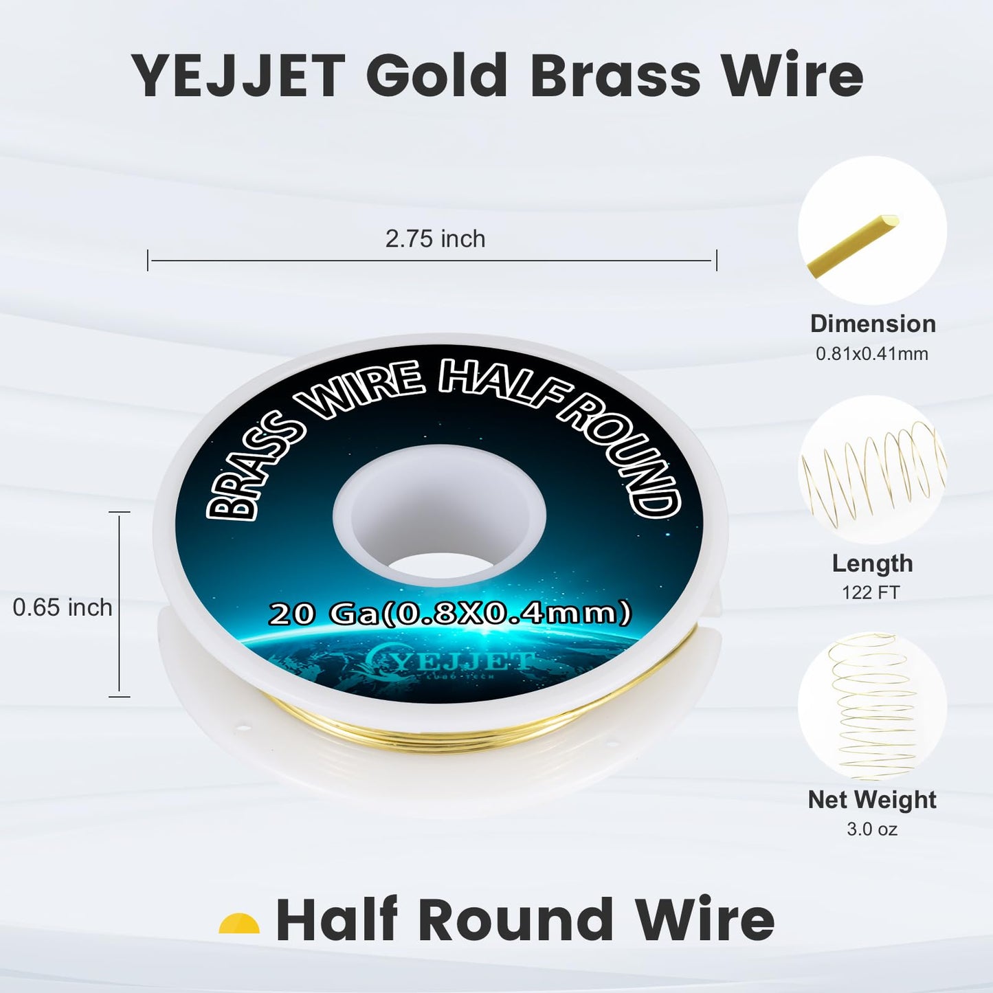 Artistic Wire 20 Gauge Brass Half Round 0.81x0.41mm - 3.0 oz 122 Feet Jewelry Findings, Sculpting Supplies