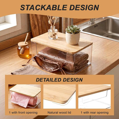 3 Pack Trash Bag Holder, Stackable Garbage Bag Dispenser with Lid | Clear Plastic Organizer with Bamboo Lid, Space-Saving Under Sink Storage for Kitchen, Laundry Room, Pantry & Cabinet