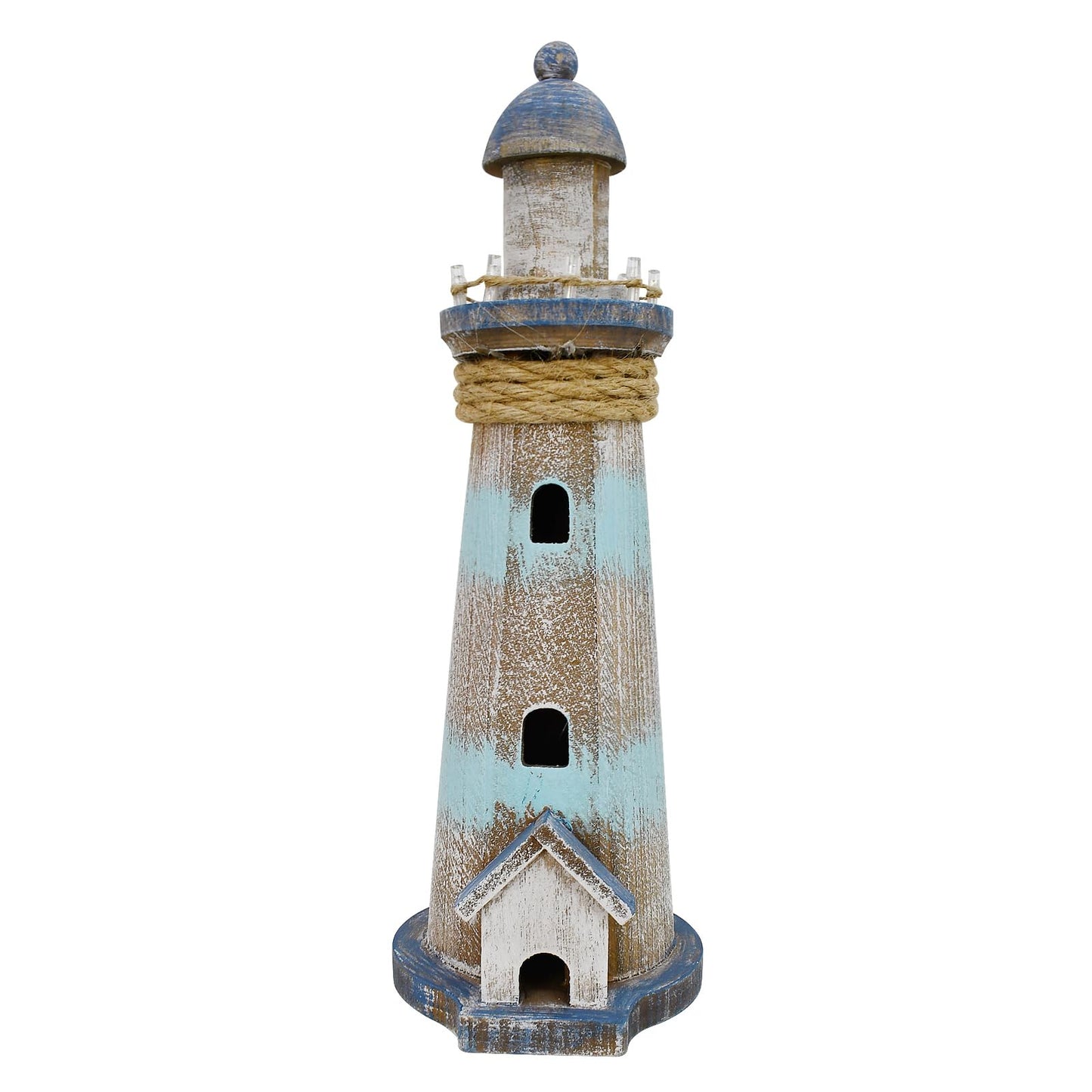 Morning View Lighthouse Decor Nautical Decoration Lighted Wood Light House Figurine Beach House Coastal Decor Table Ocean Seaside Theme Home Decor Lake House Bathroom Shelf Centerpiece 12.75"(Teal)