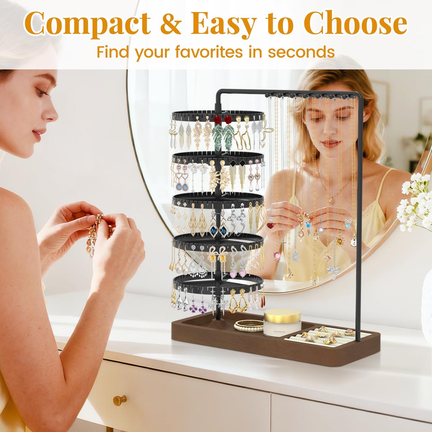 EsLuker.ly Earring Holder Organizer Necklace Display Stand, Jewelry Tree Rack Storage with Wooden Ring Tray for Women Vendors Selling, 5 Tier Plastic Rotating Earring Tower, Prevent Tangling and Mess