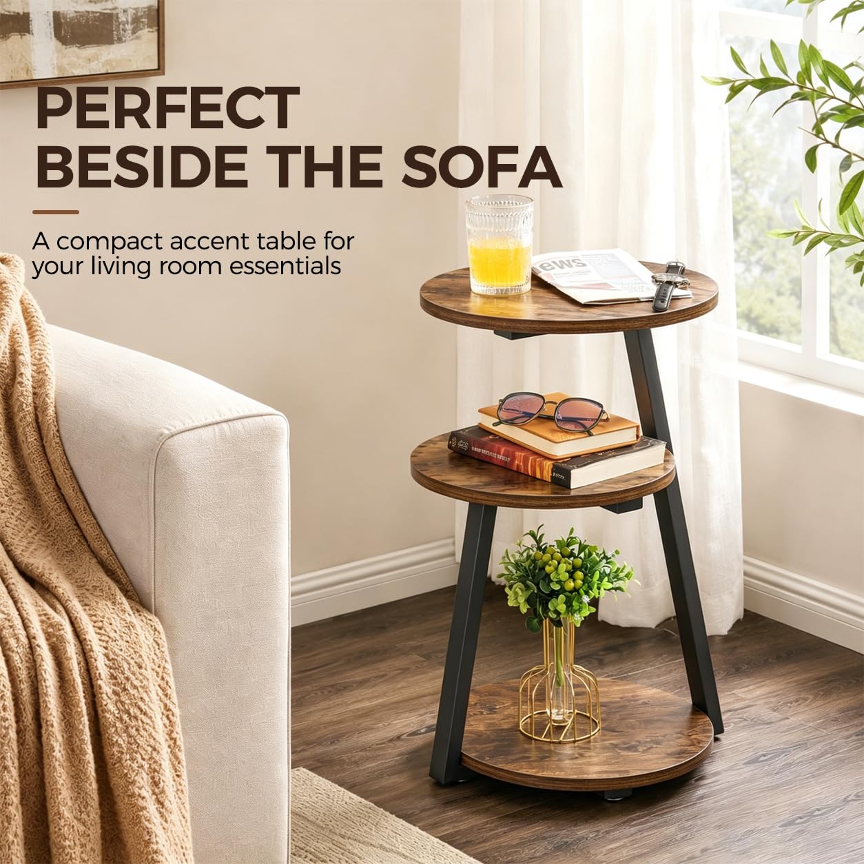 BEWISHOME Round Side Table, 3-Tier End Table, Nightstand with Metal Frame, Vintage Accent Table for Small Spaces with Storage Shelf, Living Room, Bedroom, Brown, 15.35"L x 13.78"W x 23.62"H, KTZ41Z