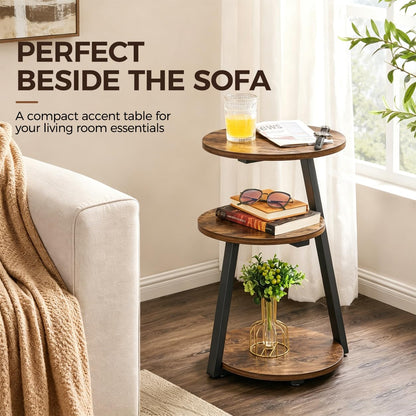 BEWISHOME Round Side Table, 3-Tier End Table, Nightstand with Metal Frame, Vintage Accent Table for Small Spaces with Storage Shelf, Living Room, Bedroom, Brown, 15.35"L x 13.78"W x 23.62"H, KTZ41Z