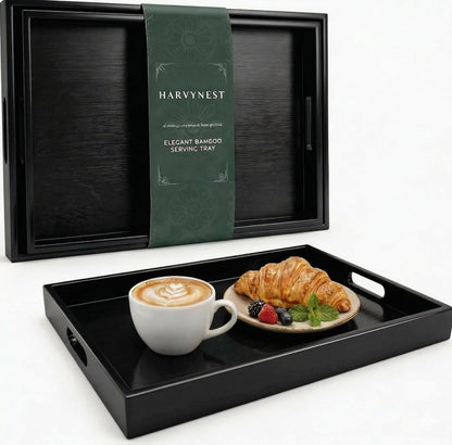 Bamboo Serving Tray with Handles, Set of 2, Wooden Serving Trays for Ottoman, Coffee Tray, Large Serving Tray with Flat Handles, Black Wood Tray for Living Room