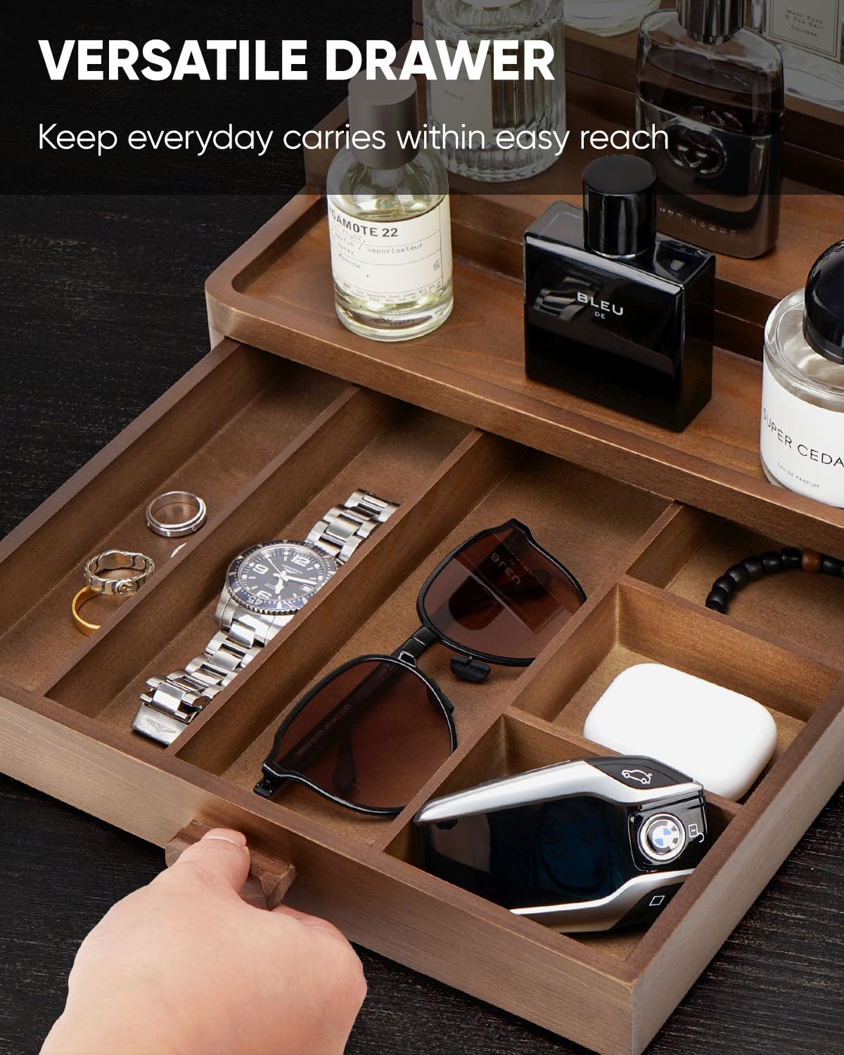 BRITEREE Cologne Organizer for Men, 3 Tier Wooden Cologne Stand with Drawer Storage and Hidden Compartment, Perfume Display Holder for Dresser, Great Gifts for Him Dad Fathers, Brown