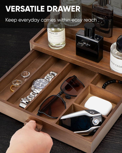BRITEREE Cologne Organizer for Men, 3 Tier Wooden Cologne Stand with Drawer Storage and Hidden Compartment, Perfume Display Holder for Dresser, Great Gifts for Him Dad Fathers, Brown