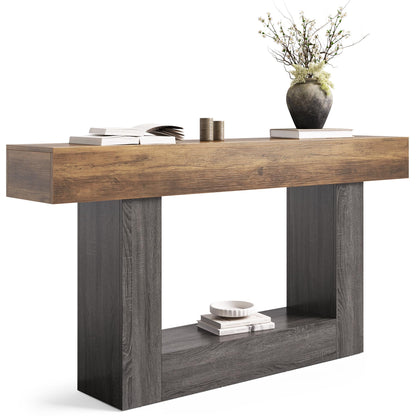 LITTLE TREE 63 Inches Long Console Table, 2-Tier Farmhouse Sofa Table Behind Couch, Large Narrow Entryway Table for Living Room, Wooden Hallway Foyer Table with Heavy Duty Base, Rustic Brown and Grey