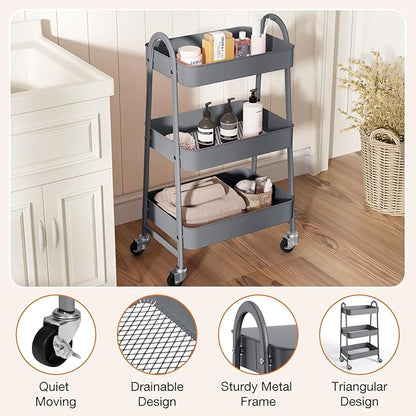 NEWBULIG 3-Tier Metal Rolling Cart with Lockable Wheels, Heavy Duty Mobile Utility Storage Shelf, Roller Book Snack Cart, Organization for Livingroom, Bathroom, Office, Grey