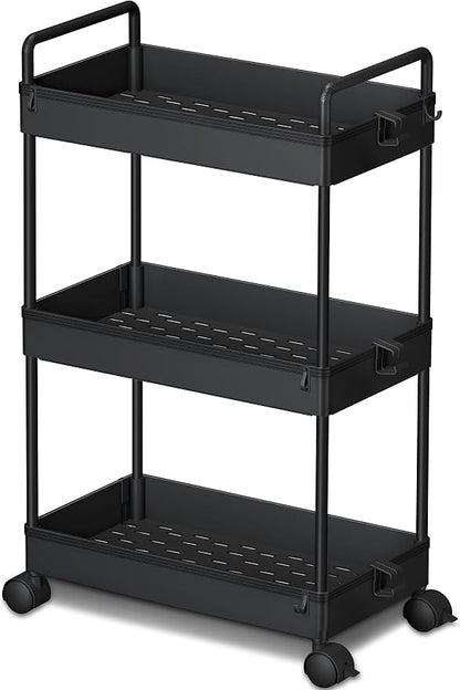 Ronlap 3 Tier Slim Rolling Storage Cart with Wheels Plastic Utility Cart Organizer for Snack Craft Art Postpartum Baby Diaper Nail Makeup in Bathroom Laundry Room Kitchen Bedside Narrow Space, Black