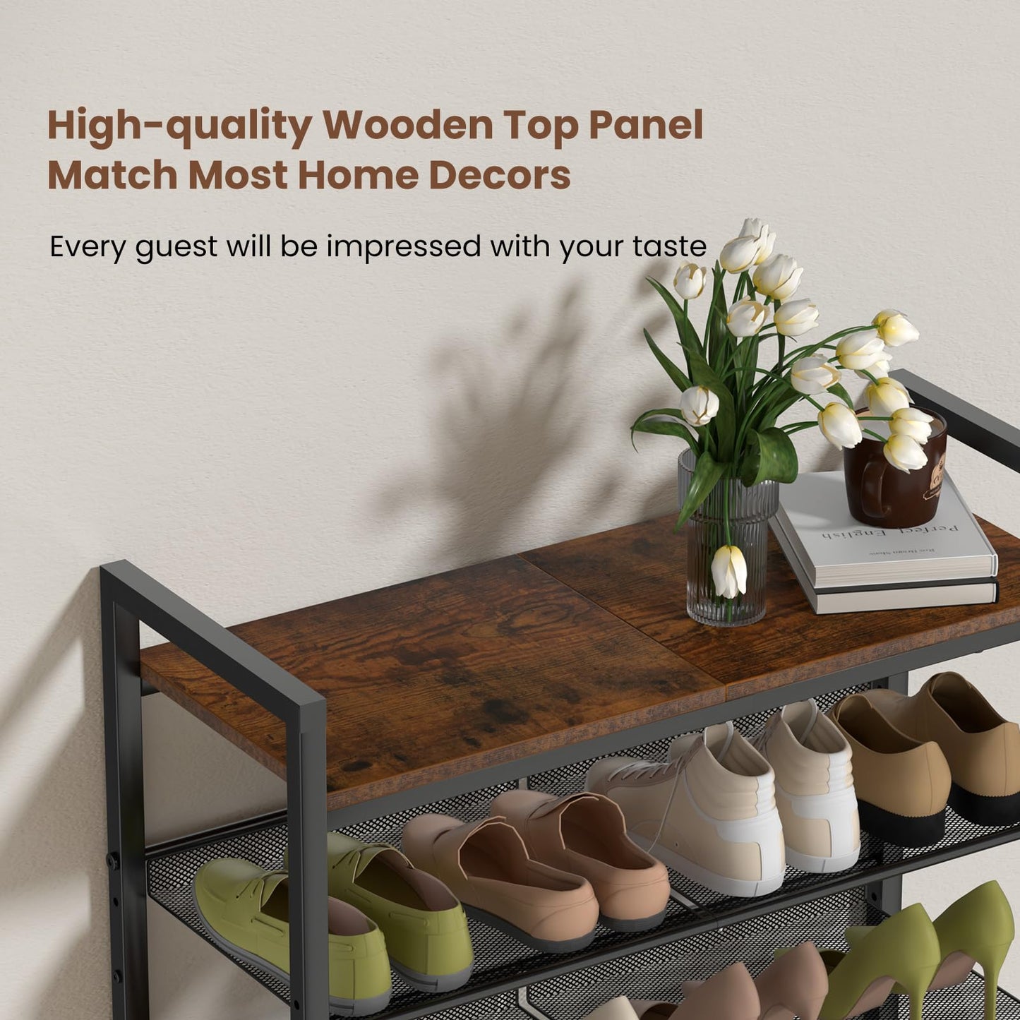 BASICS4ALL 4 Tier Shoe Rack for Entryway, Metal Shoe Rack Heavy Duty with Wooden Top & Adjustable Mesh Shelves, Shoe Storage Organizer for Front Door Entrance/Closet/Bedroom/Dorm/Garage