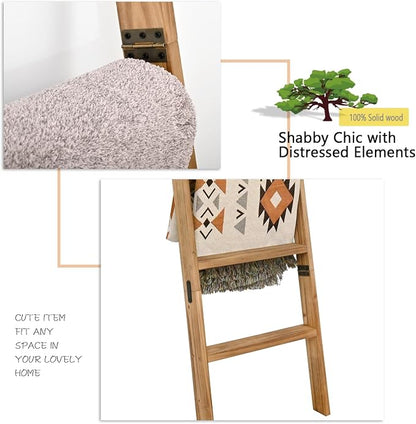FUIN 5.5ft Wooden Blanket Ladder, Wood Towel Ladder, Rustic Decorative Ladder for Blankets, Farmhouse Quilt Rack for Living Room & Bathroom