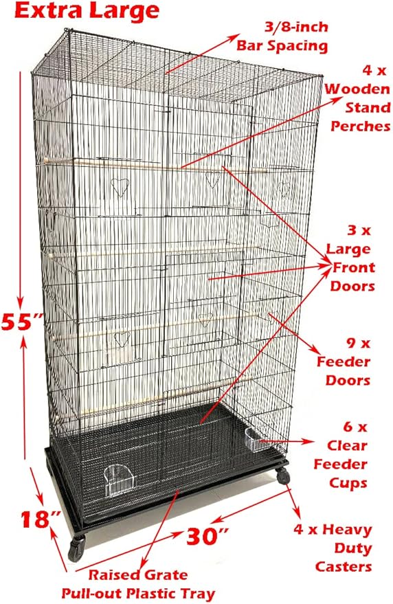 55" X-Large with Tight 3/8-Inch Bar Spacing Multiple Flight Bird Aviary Budgie Canary Finch Breeding Cage with Removable Rolling Stand