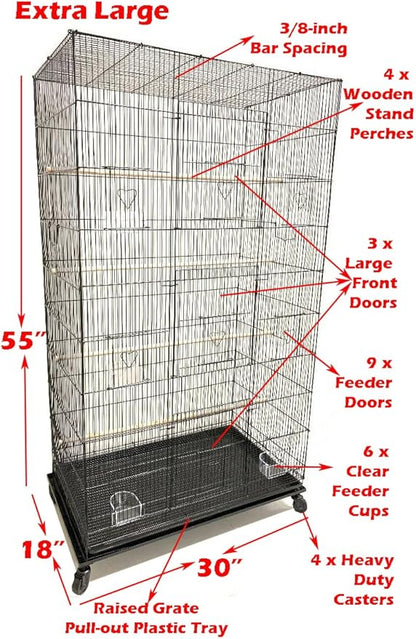 55" X-Large with Tight 3/8-Inch Bar Spacing Multiple Flight Bird Aviary Budgie Canary Finch Breeding Cage with Removable Rolling Stand