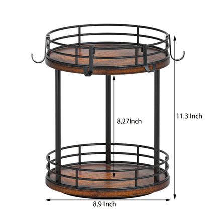 Yelinkws Rotating Coffee Mug Cup Holder Rack Stand, 2 Tier Wooden Coffee Station Bar Organizer for Countertop, Spinning Kitchen Counter Organizer, Mug Shelf with 6 Hooks, Rustic Brown and Black
