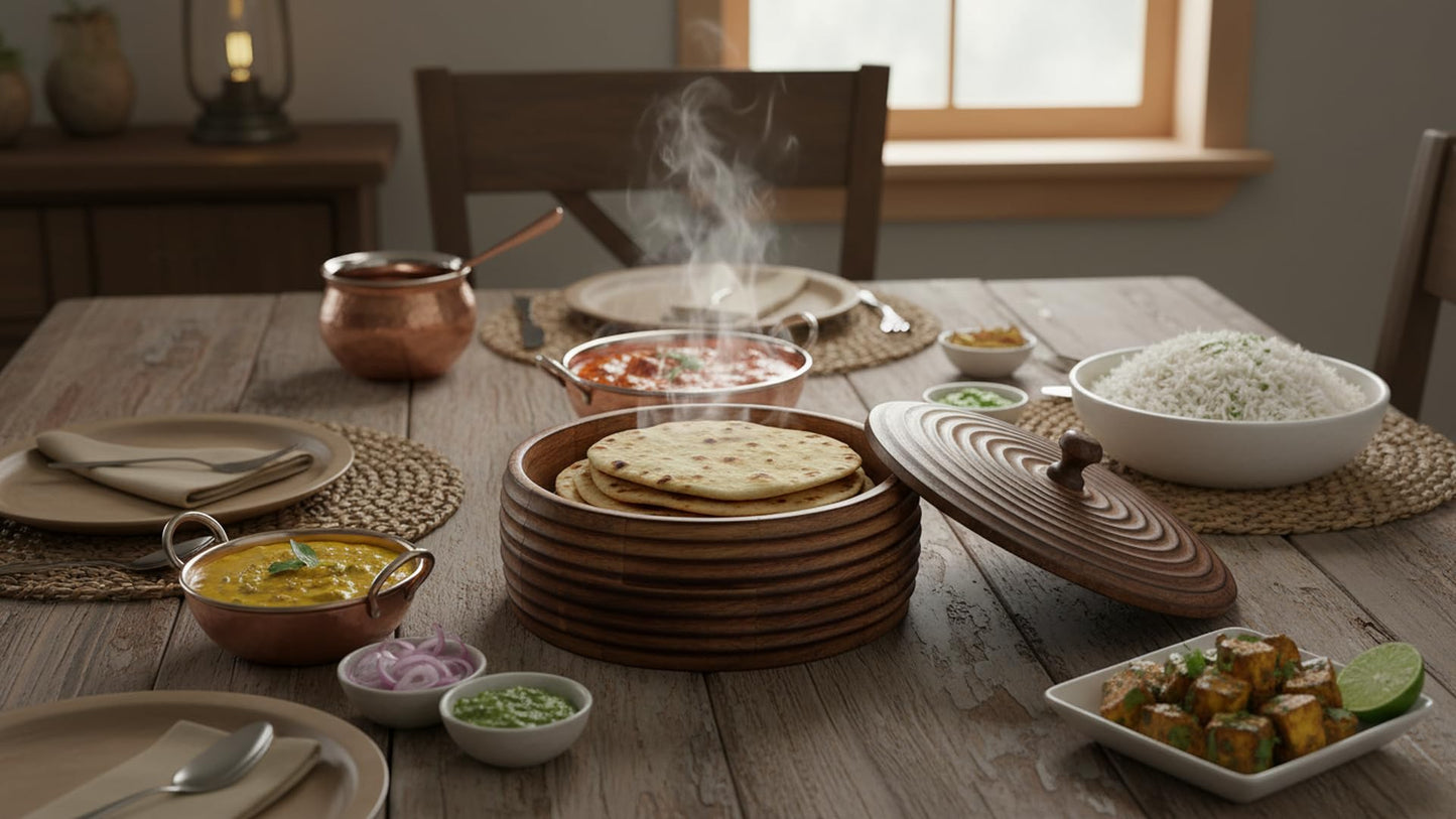 Handcrafted Wooden Mexican Warmer Basket Indian Chapati Roti Bread Holder Box Pancake Keeper Serveware Hot Pot Casserole Dish With Lid Home Kitchen Dining Decor, Natural Brown, 9 x 3 Inches