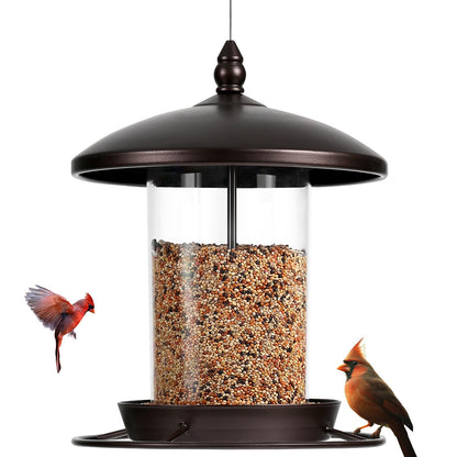 Metal Bird Feeder for Outdoors Hanging,3.0LB Seed Feeder,Easy to Fill & Clean,360° Feeding,Weatherproof Roof for Gardens and Wild Birds,Brown