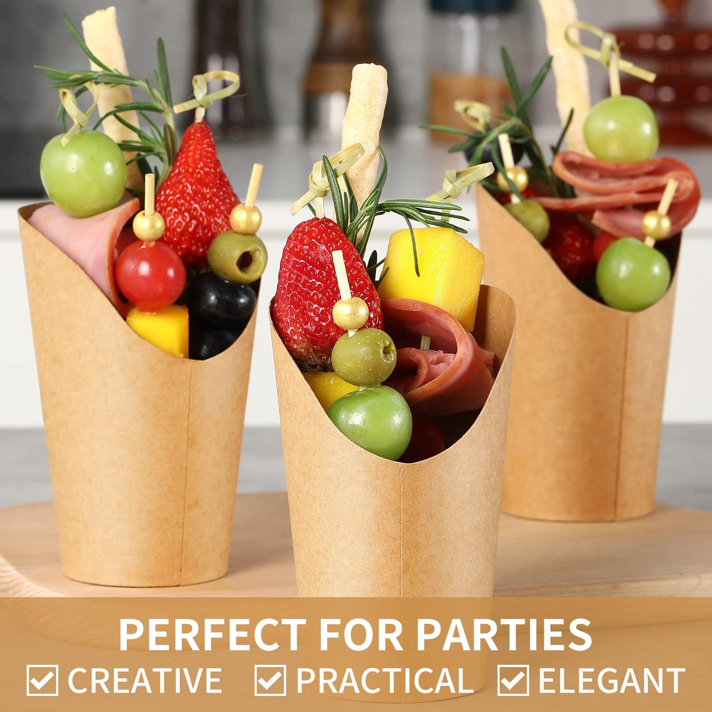 50 Charcuterie Cups with Sticks + 200 Cocktail Picks + 50 Labels, Disposable French Fry Holder with Bamboo Skewers Toothpicks, 12 oz Brown Kraft Paper Appetizer Cups Charcuterie Boards Accessories