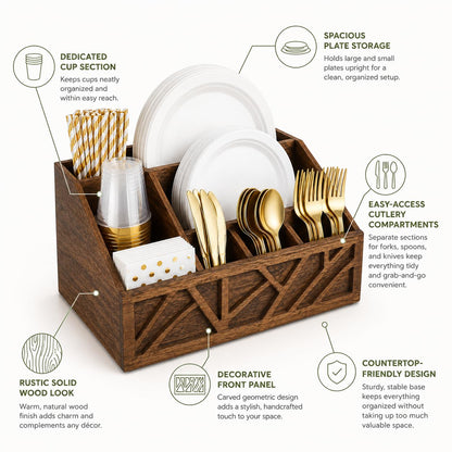 Seerova Living Premium 6 Compartment Wooden Paper Plate and Utensil Organizer – Heavy Duty Silverware & Napkin Caddy for Party, Picnic, BBQ, Kitchen Countertop, Vanity Makeup Storage